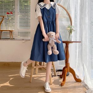 Navy Style Two Piece Dress Set for Teen Girls Summer Cotton Denim Skirt