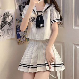 Fresh White Striped Short Sleeve Japanese Sailor Collar School Style Set for Women Summer