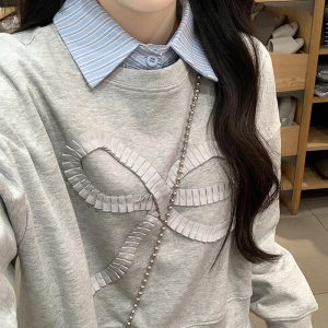 Gray Bow Sweatshirt Striped Shirt High Waist Skirt 3-Piece Set Early Autumn