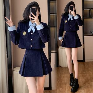 Petite Fashion Two-Piece Set with Badge High Waist Short Jacket and Skirt