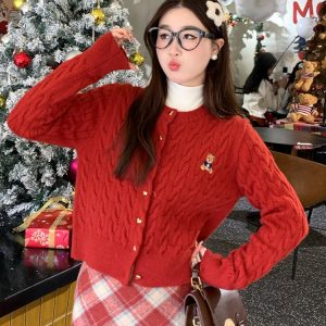 Red Knit Cardigan Women Fall Winter Preppy Bear Style