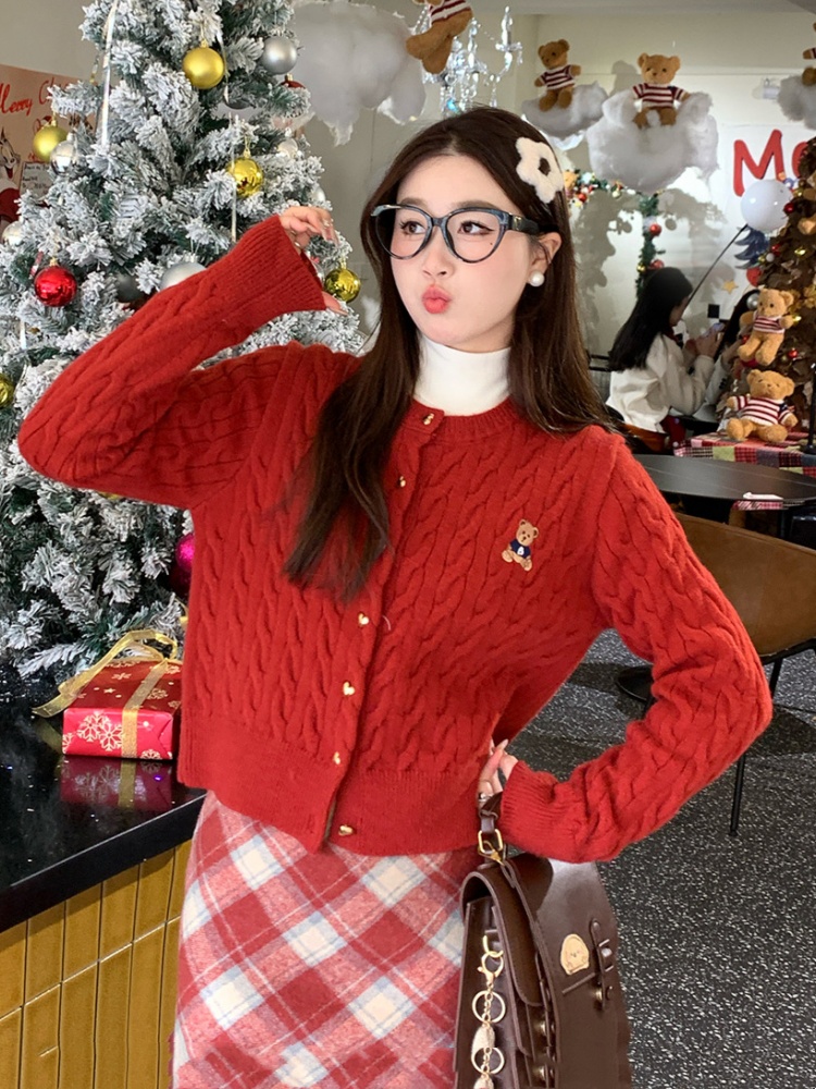 Red Knit Cardigan Women Fall Winter Preppy Bear Style