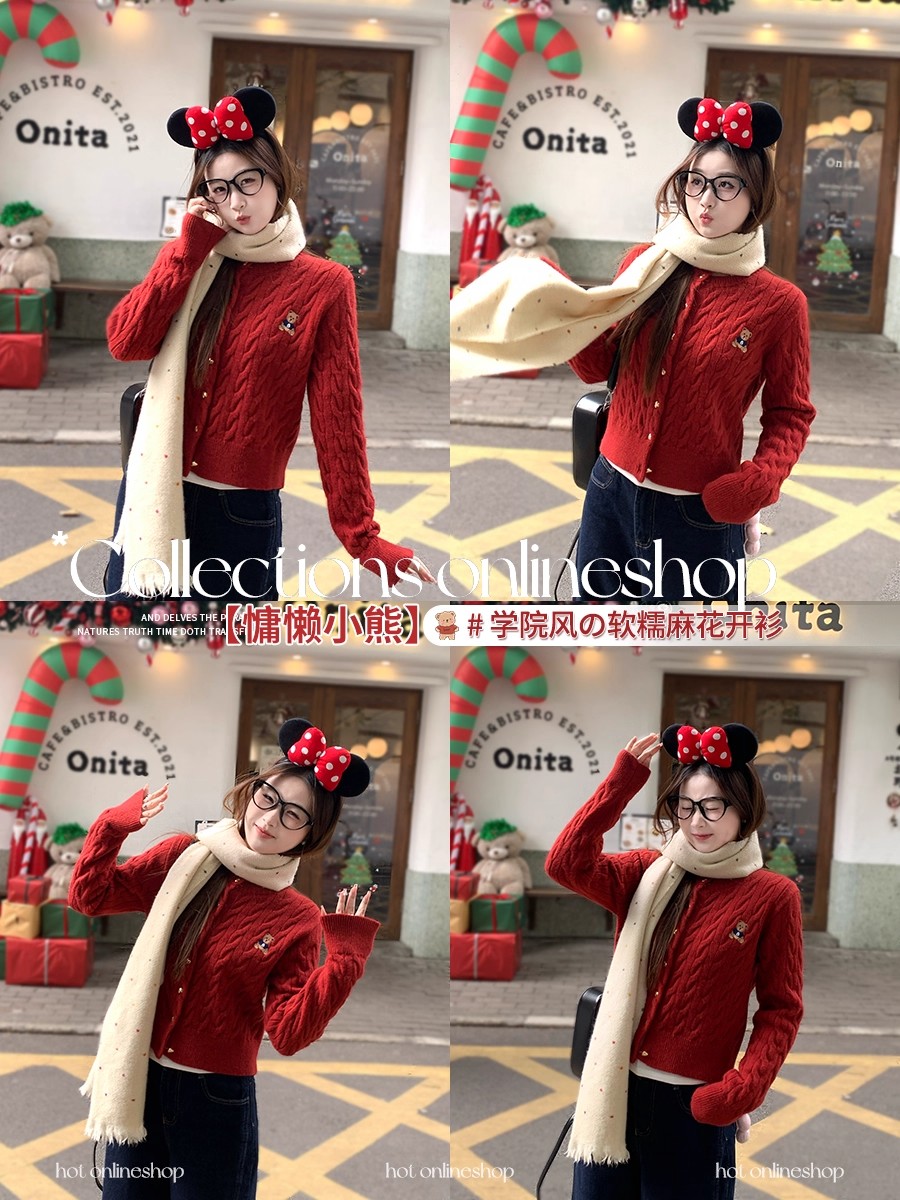 Red Knit Cardigan Women Fall Winter Preppy Bear Style - Image 2