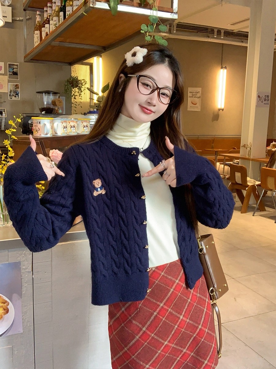 Red Knit Cardigan Women Fall Winter Preppy Bear Style - Image 4