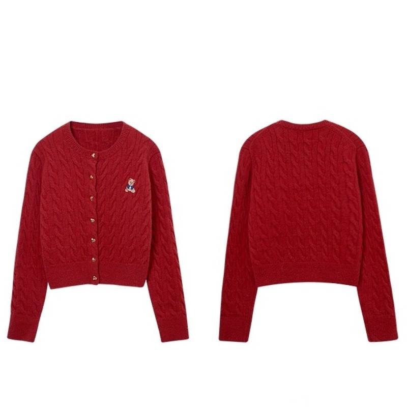 Red Knit Cardigan Women Fall Winter Preppy Bear Style - Image 5