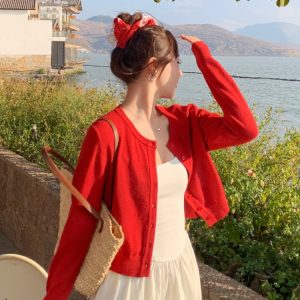 Women's Red Knit Cardigan Sweater 2026 Fall Round Neck Korean Style Outerwear
