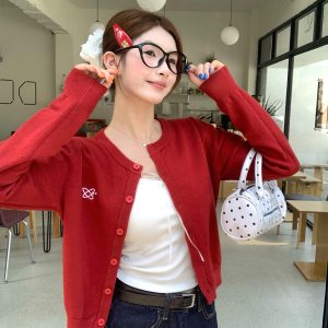 Red Knit Cardigan Women's Embroidered Sweater Coat 2026 Fall
