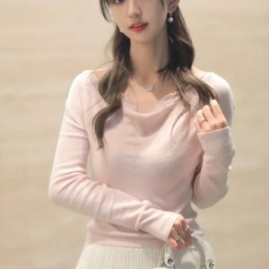 Off-Shoulder One-Shoulder Knit Top for Women Soft Sweet Style Light Pink