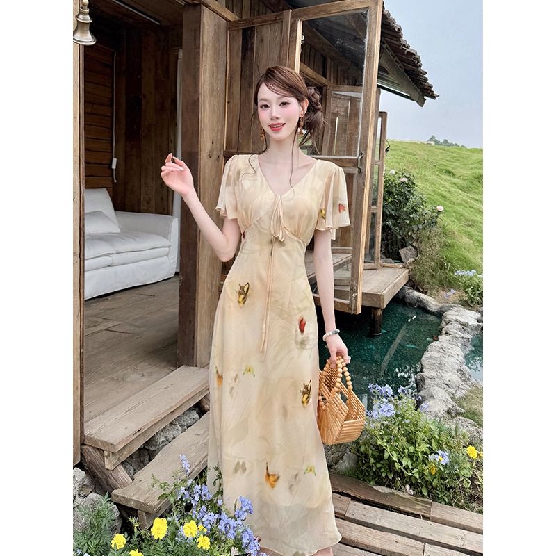 Elegant Butterfly Print Short Sleeve Chiffon Dress for Women Summer 2026 - Image 2