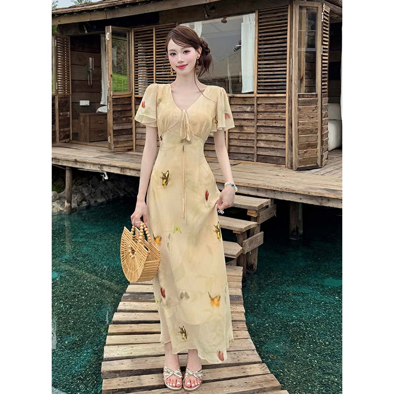 Elegant Butterfly Print Short Sleeve Chiffon Dress for Women Summer 2026 - Image 3