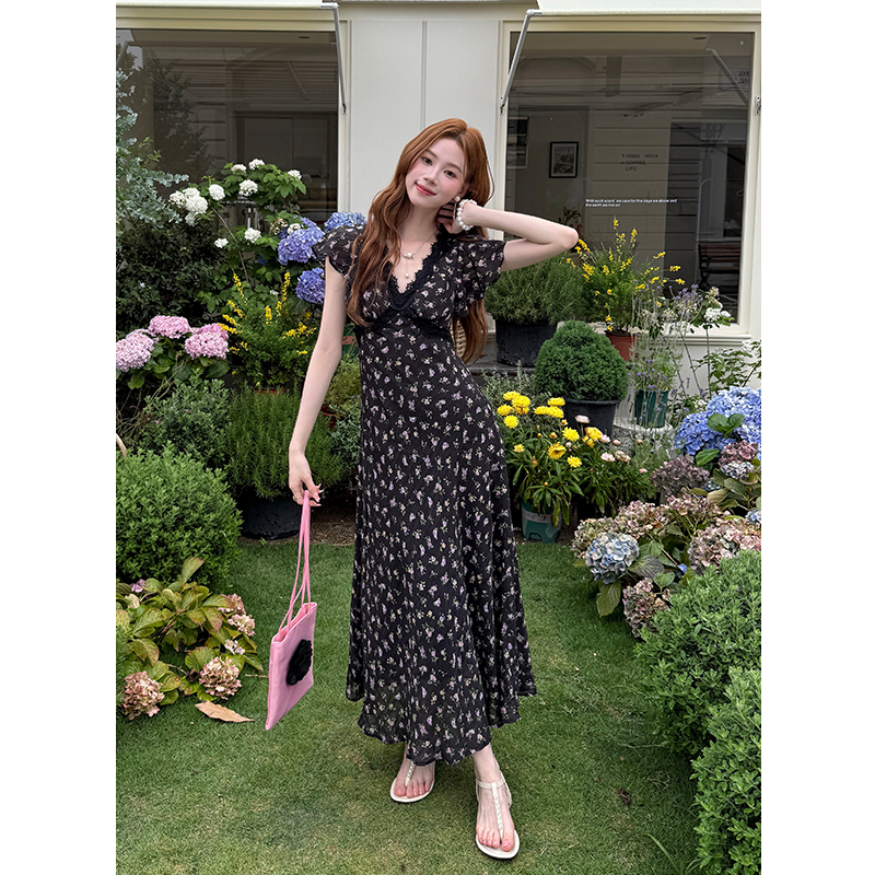 Elegant Lace Panel Floral Chiffon Dress Short Sleeve Summer 2026