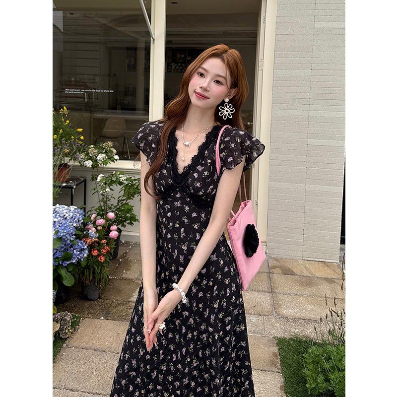 Elegant Lace Panel Floral Chiffon Dress Short Sleeve Summer 2026 - Image 3