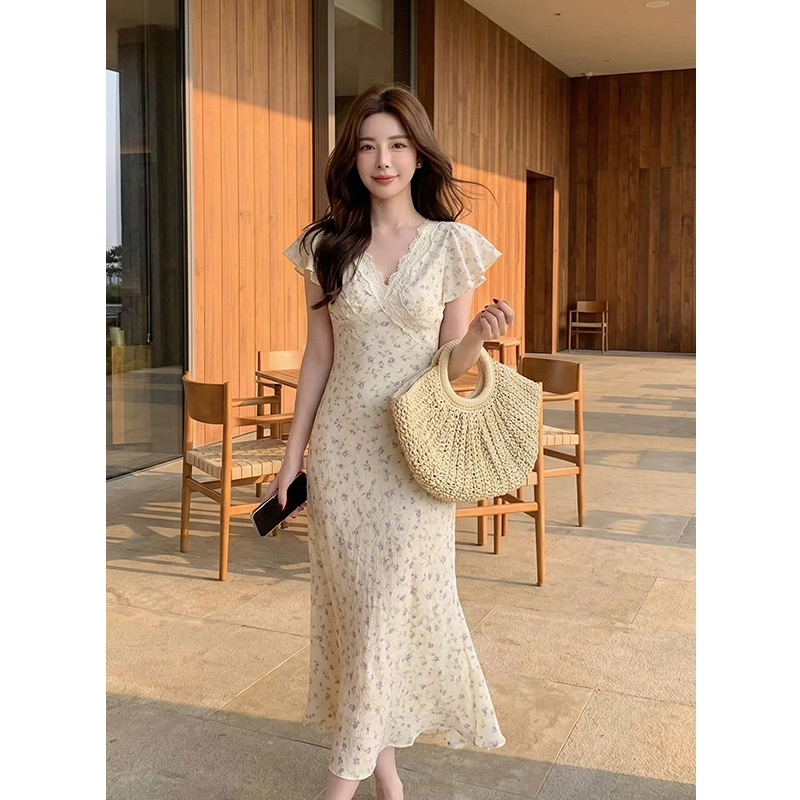 Elegant Lace Panel Floral Chiffon Dress Short Sleeve Summer 2026 - Image 4