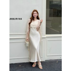 Elegant Sleeveless A-Line Dress with Chiffon Panel and Layered Look