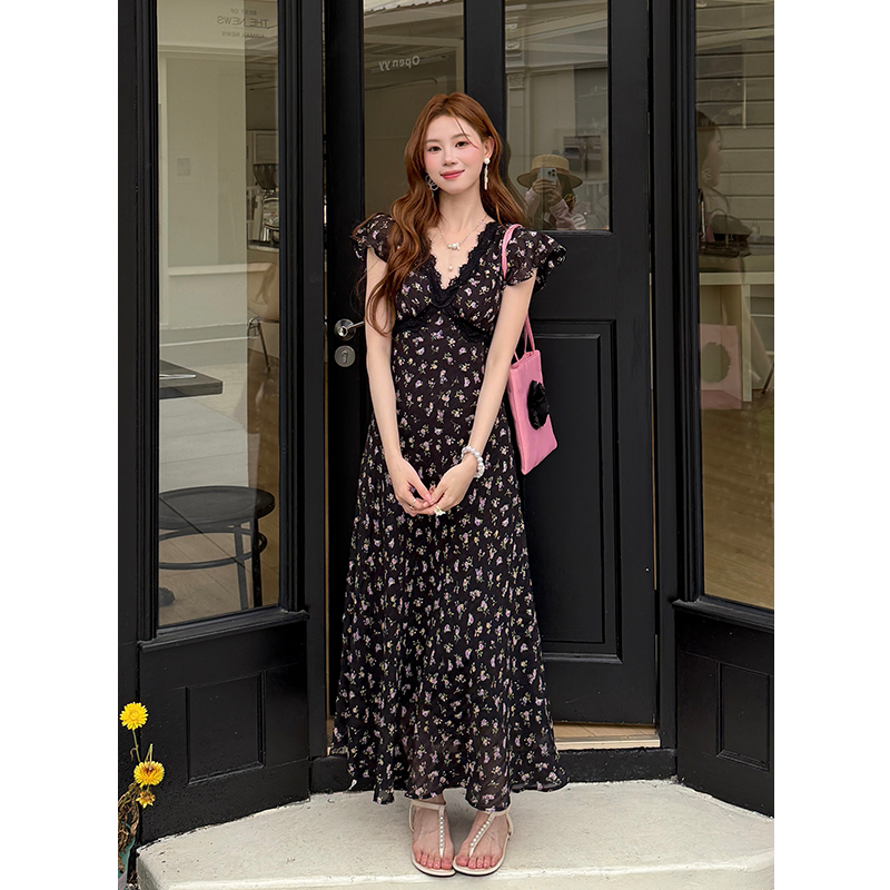 Elegant Lace Panel Floral Chiffon Dress Short Sleeve Summer 2026 - Image 2