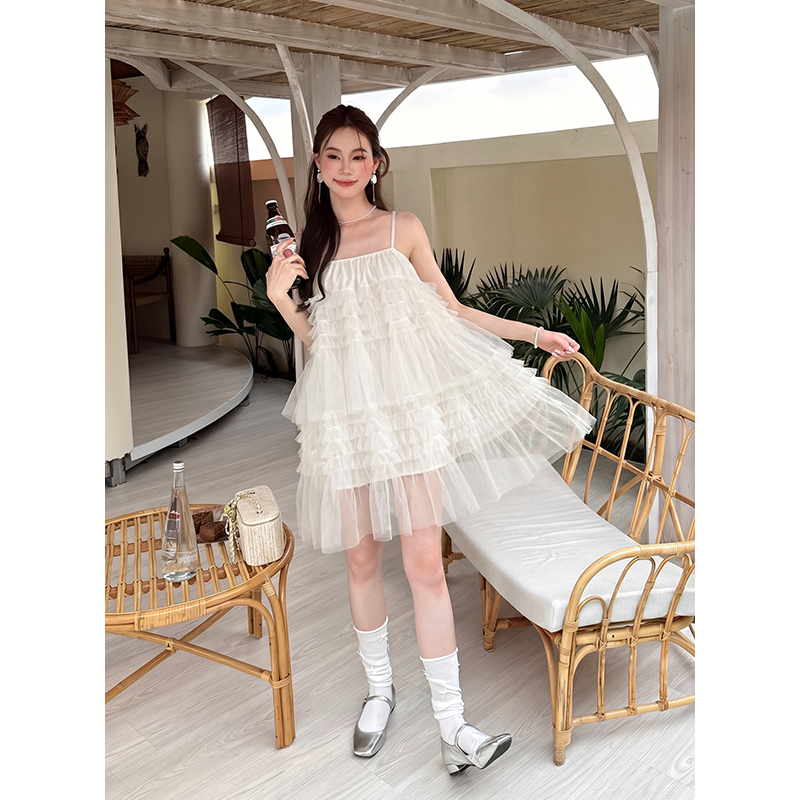 Elegant Solid Color Sleeveless Chiffon Mesh Dress for Women Summer New French Style