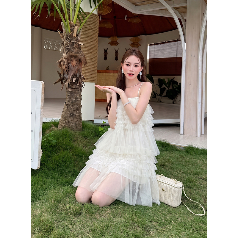 Elegant Solid Color Sleeveless Chiffon Mesh Dress for Women Summer New French Style - Image 2