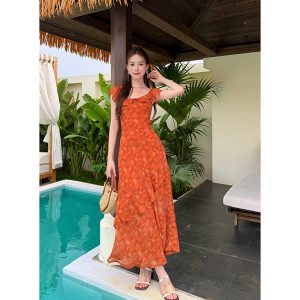 French Square Neck Floral Chiffon Dress for Women Summer 2026