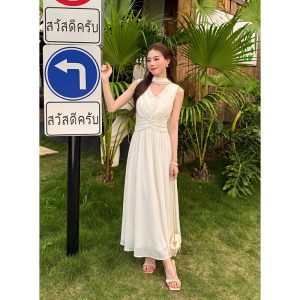 Elegant Sleeveless Chiffon Dress with Lace Trim and Ribbon Detail Solid Color Summer 2026 Women