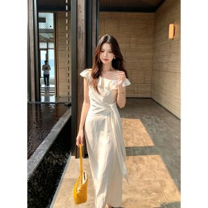 Elegant Solid Color Ruffle Tie Dress for Women Summer New French Style Sleeveless