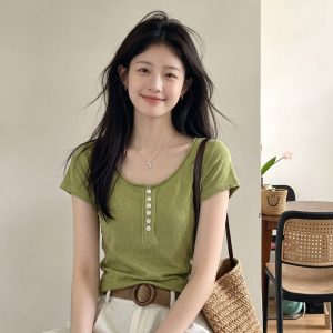 Women's V-Neck Button Short Sleeve T-Shirt Summer Slim Fit Korean Style Top