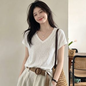 Women's White V-Neck Cinched Waist Short Sleeve T-Shirt Summer Relaxed Fit Batwing Sleeve Lyocell Top