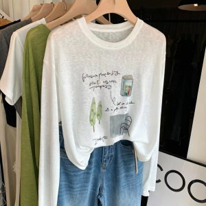 Women's Summer Print White Snowflake Cotton T-Shirt Lightweight Sheer Cool Loose Sun Protection Cover-Up
