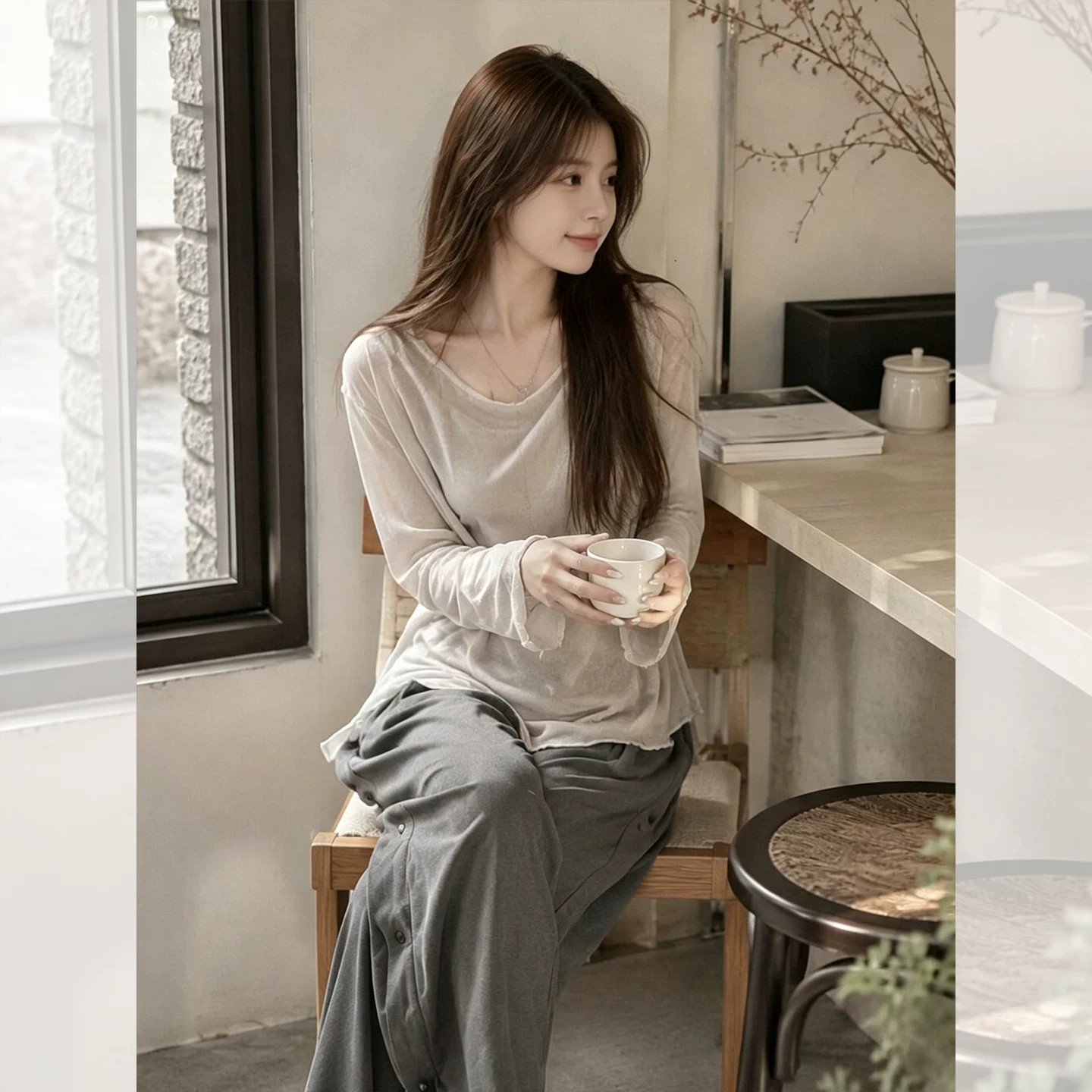 Women's Gray Ice Silk Sun Protection Long Sleeve T-Shirt Lightweight Loose Summer Outerwear - Image 3