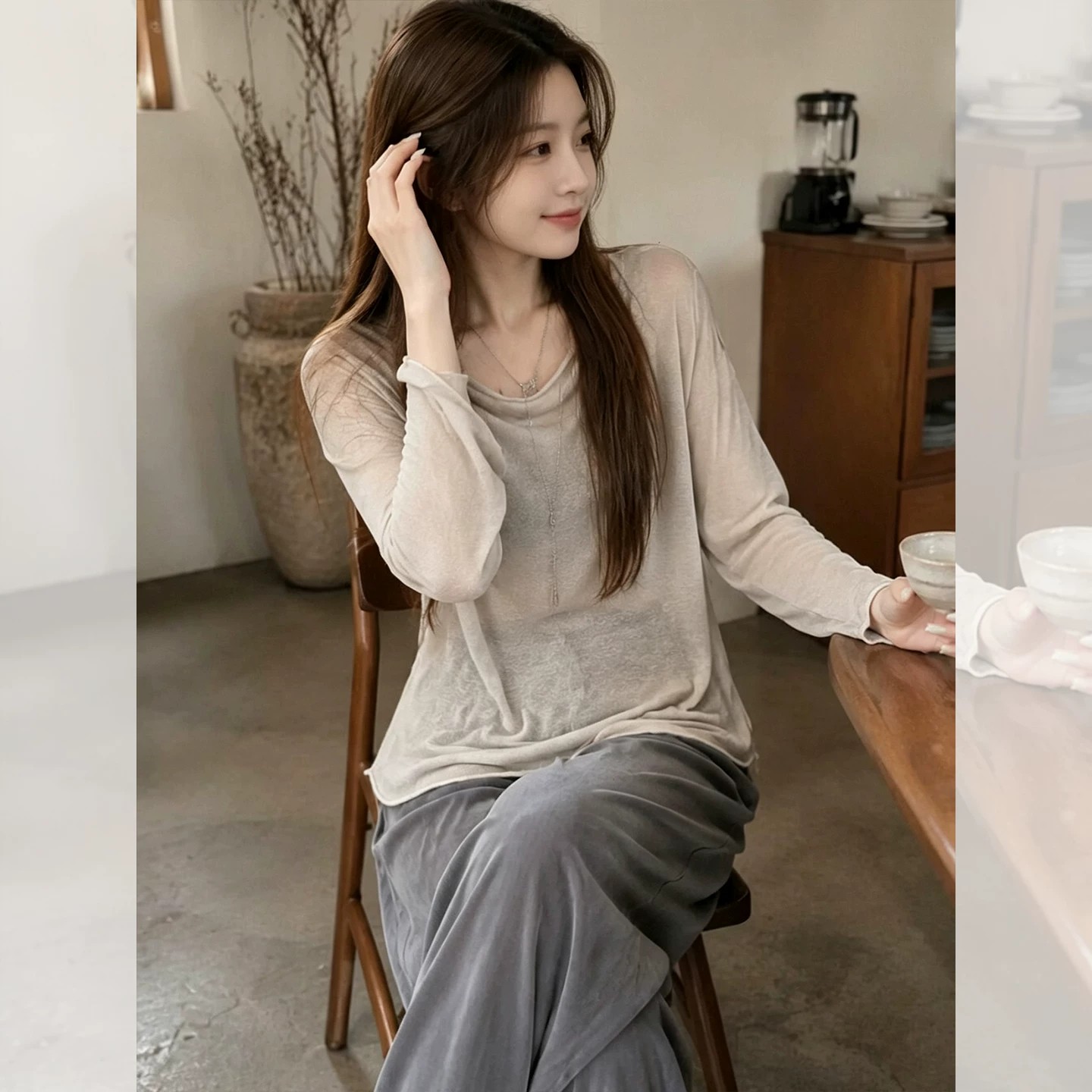 Women's Gray Ice Silk Sun Protection Long Sleeve T-Shirt Lightweight Loose Summer Outerwear - Image 2