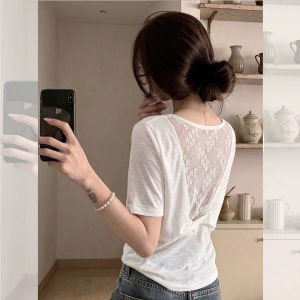 Korean Style White Back Lace Cutout Short Sleeve T-Shirt for Women