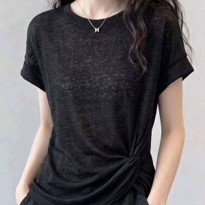 Black Round Neck Short Sleeve T-Shirt for Women 2026 Summer New Design Twisted Hem Slimming and Flattering Thin Top