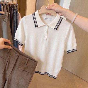 Korean Preppy Color Block Polo Knit Top for Women Summer Short Sleeve