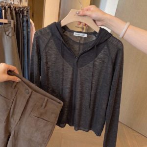 Women's Lightweight Hooded Zip-Up Knit Cardigan Summer Sun Protection Long Sleeve Loose Fit Casual Top