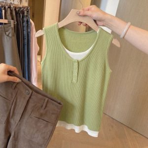 French Style Faux Two Piece U Neck Knit Tank Top for Women Summer Outer Wear Sleeveless Top