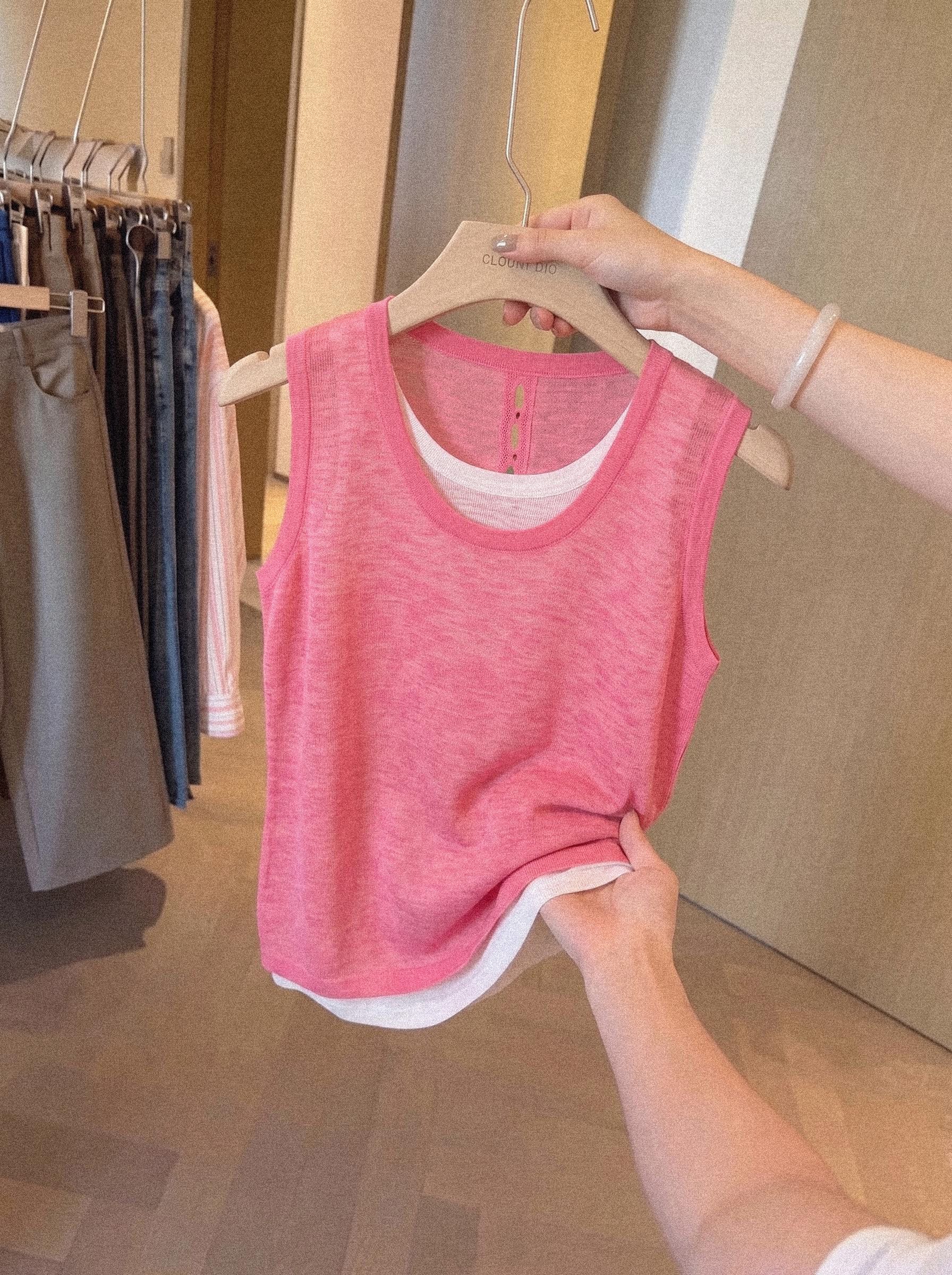 Raspberry Pink Layered-Look Knit Camisole for Women Summer Outerwear Tank Top - Image 2