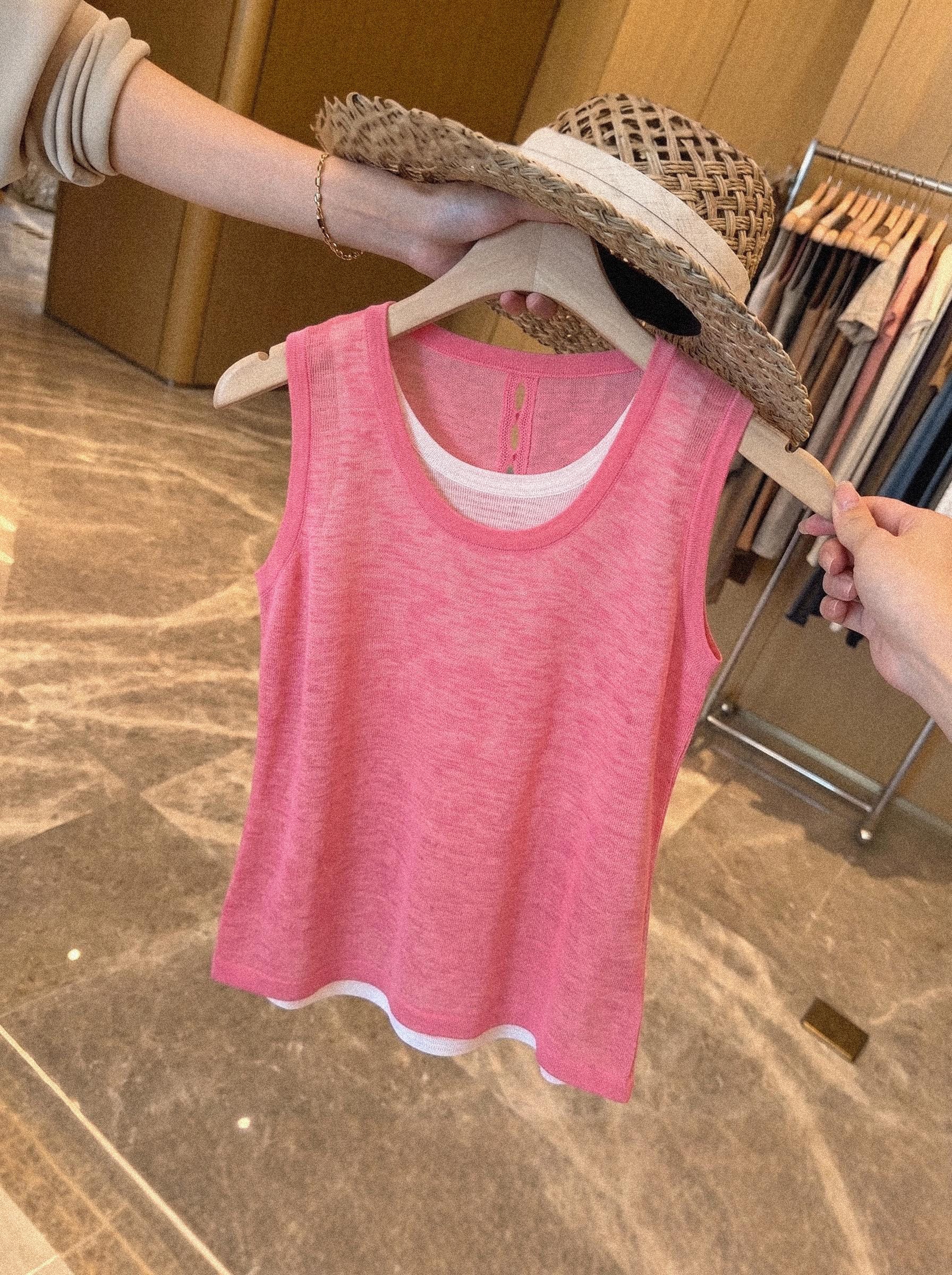 Raspberry Pink Layered-Look Knit Camisole for Women Summer Outerwear Tank Top - Image 4