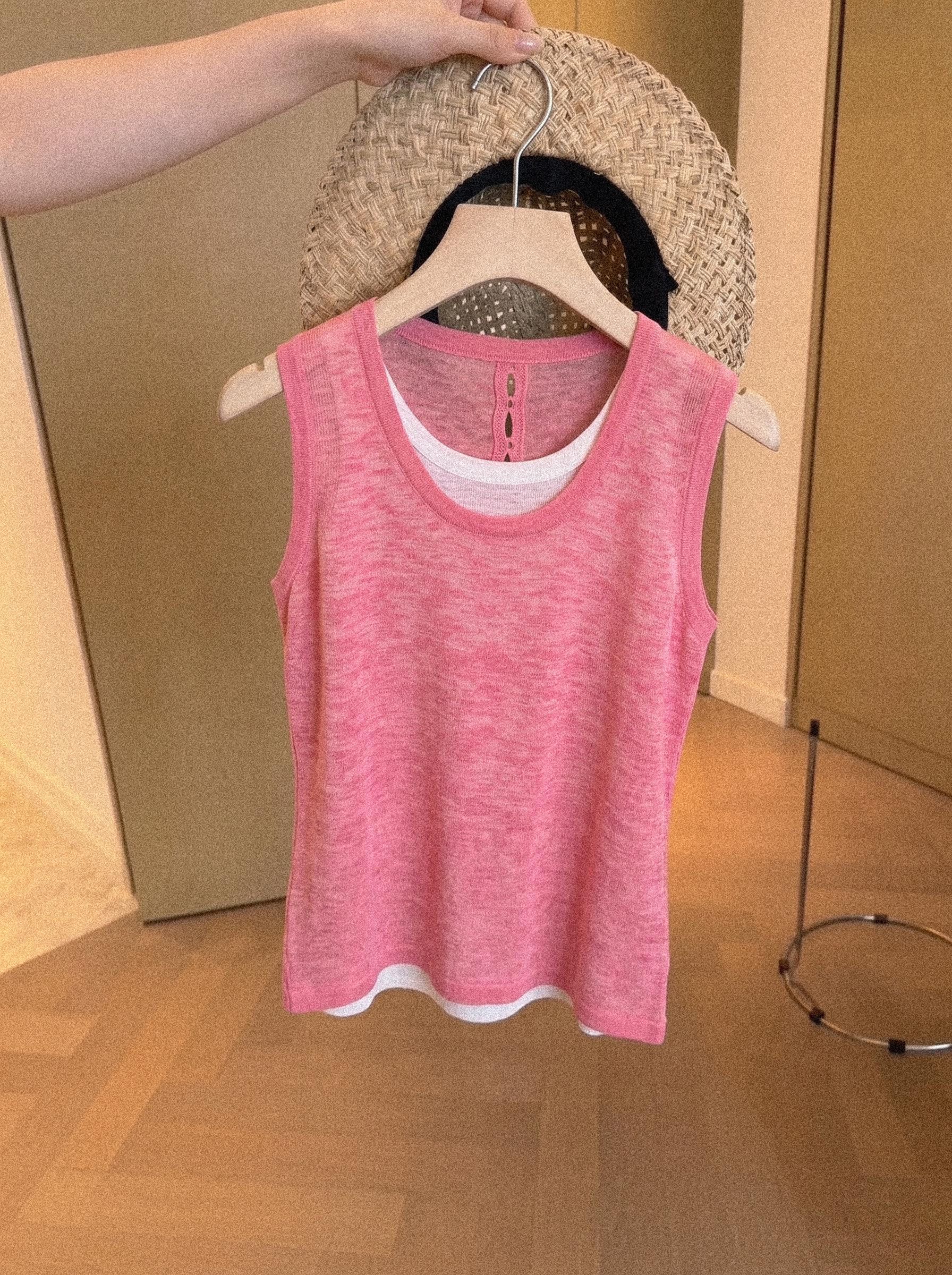 Raspberry Pink Layered-Look Knit Camisole for Women Summer Outerwear Tank Top - Image 3