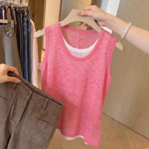 Raspberry Pink Layered-Look Knit Camisole for Women Summer Outerwear Tank Top