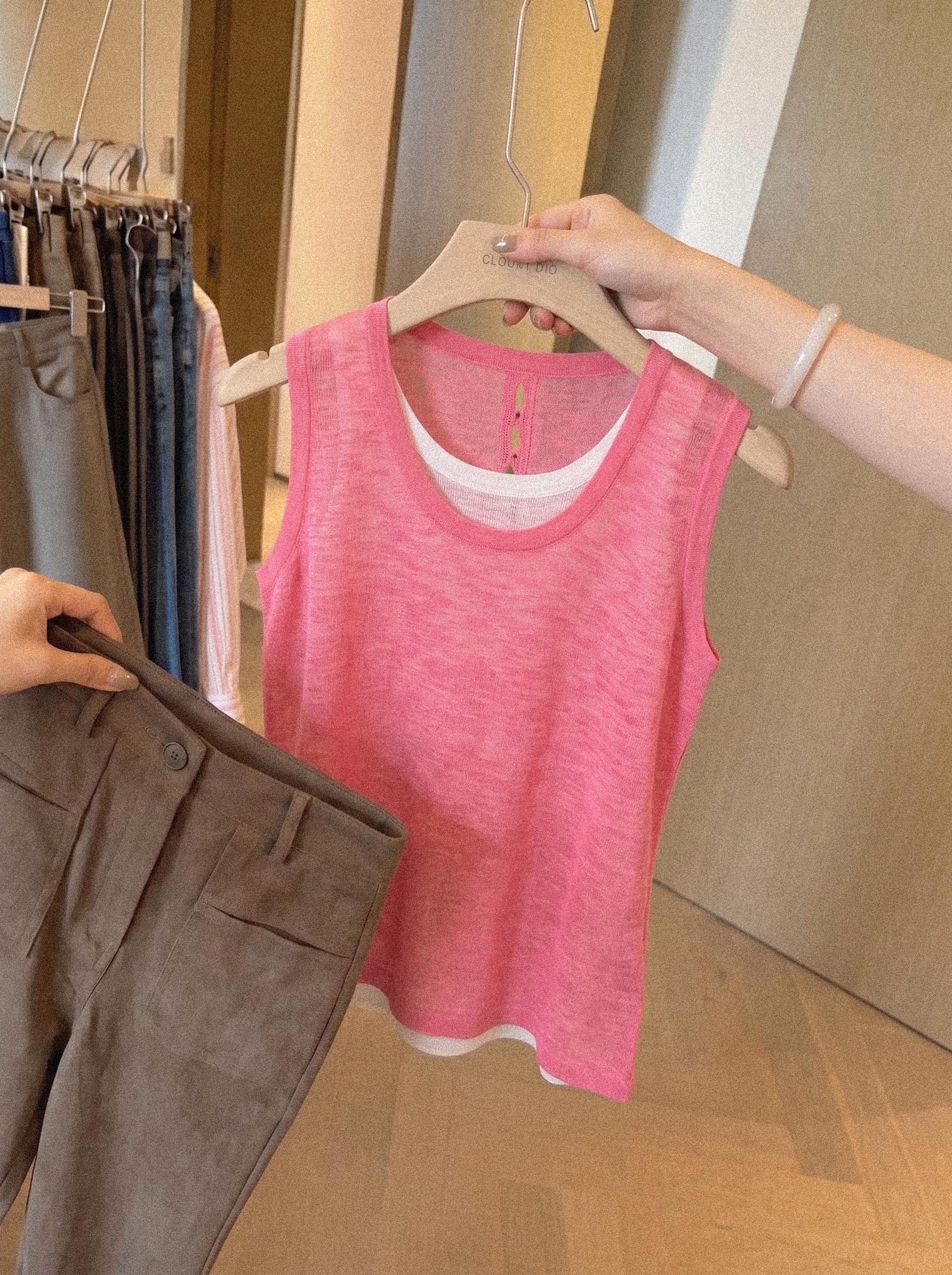 Raspberry Pink Layered-Look Knit Camisole for Women Summer Outerwear Tank Top