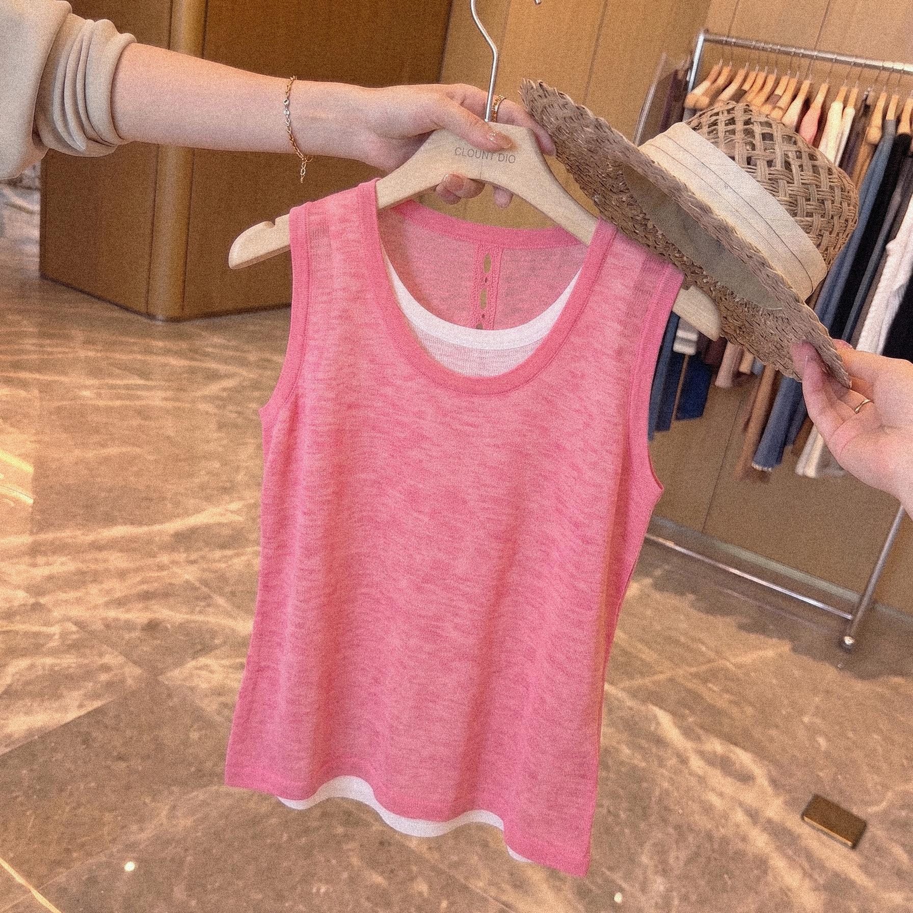 Raspberry Pink Layered-Look Knit Camisole for Women Summer Outerwear Tank Top - Image 5