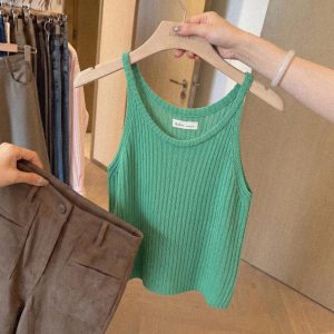 Green Knit Camisole Tank Top for Women Summer Sleeveless Slim Fit