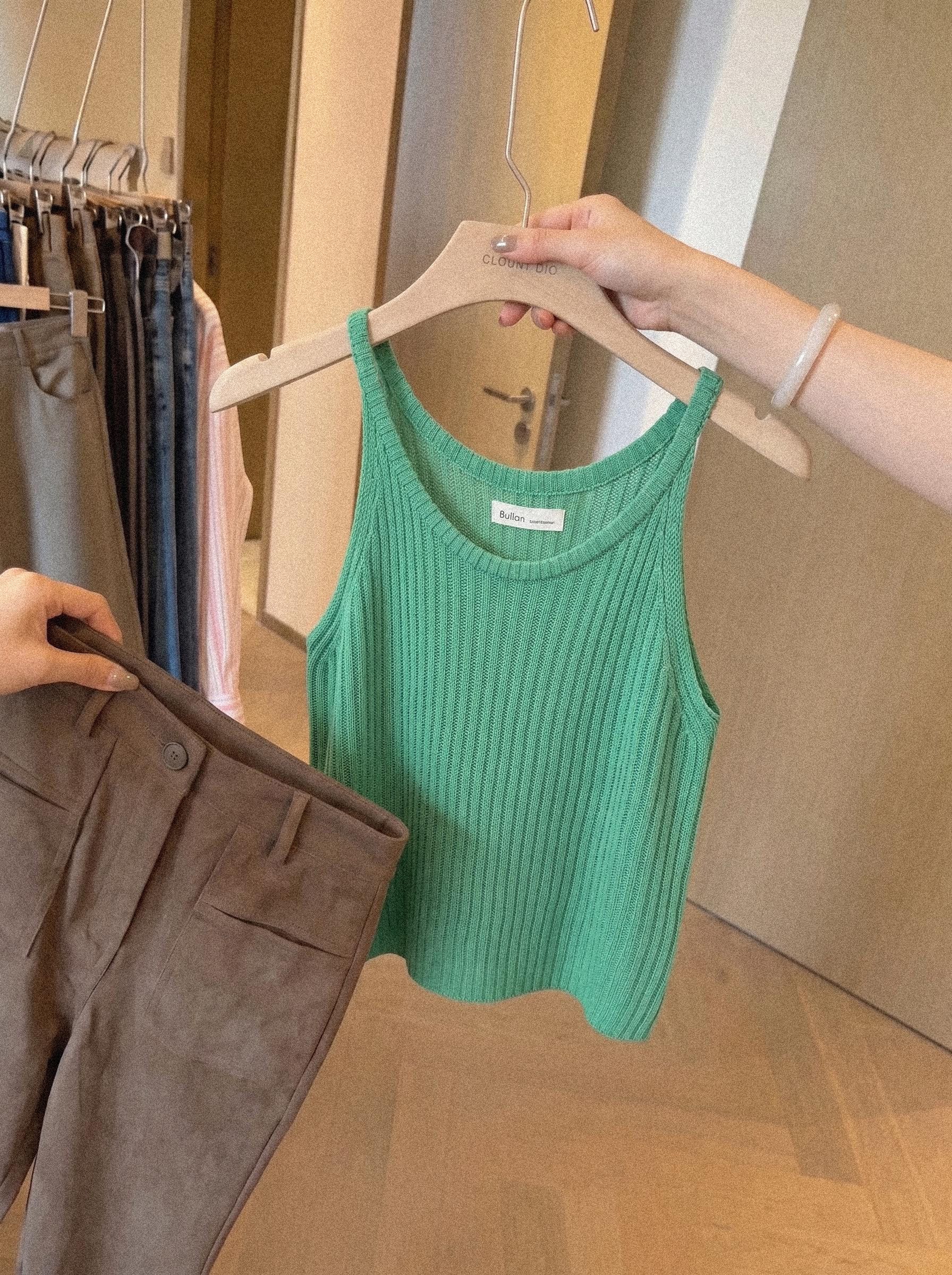 Green Knit Camisole Tank Top for Women Summer Sleeveless Slim Fit