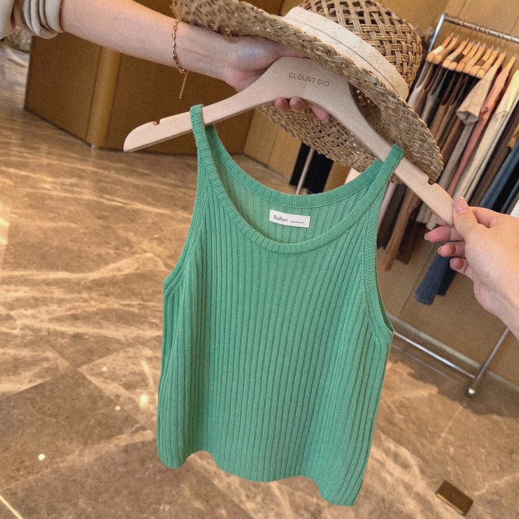 Green Knit Camisole Tank Top for Women Summer Sleeveless Slim Fit - Image 5