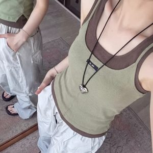 Women's Color Block Faux Two Piece U Neck Cami Tank Top Summer Slim Fit Sleeveless