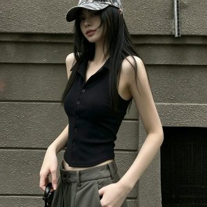 Designer Black Polo Collar Camisole Tank Top for Women Summer Slim Fit Sleeveless