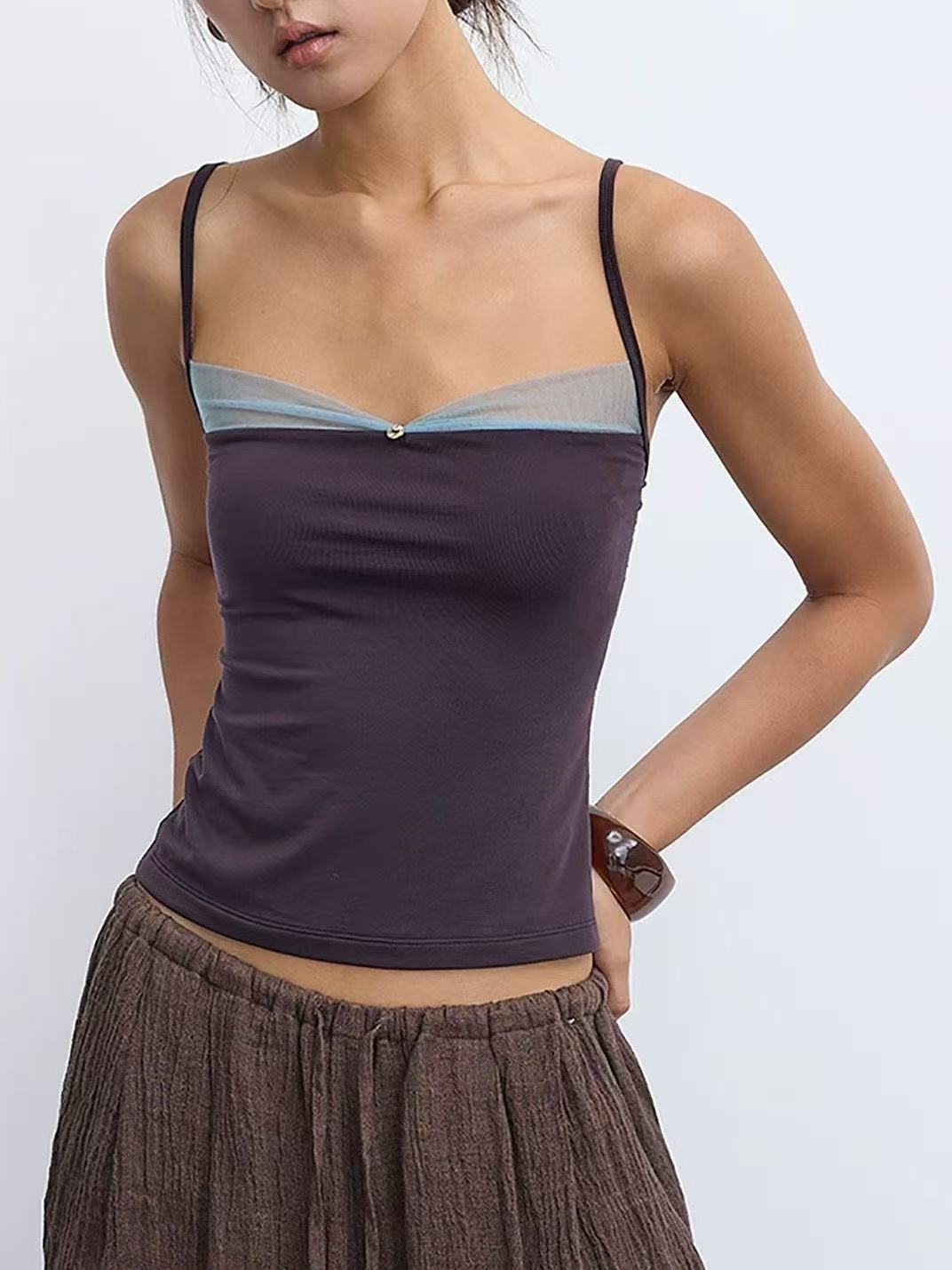 Women's Two-Way Spaghetti Strap Color Block Mesh Camisole Slimming Fit - Image 3