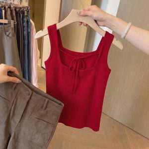 Women's Back Tie Knit Camisole Tank Top Sleeveless Slim Fit Layering Top