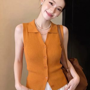 Women's French Collar Sleeveless Knit Vest 2026 Summer Slimming Button Tank Top