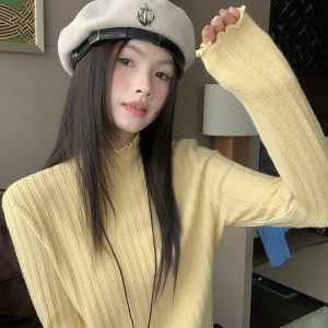 Women's Half Turtleneck Knit Base Layer Top with Ruffle Trim Yellow Pullover Sweater 2026 New Autumn Winter
