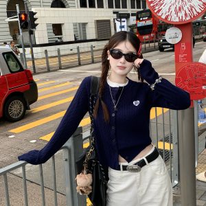 Women's Cable Knit Cardigan Sweater 2026 Fall Winter Korean Style Embroidered Top